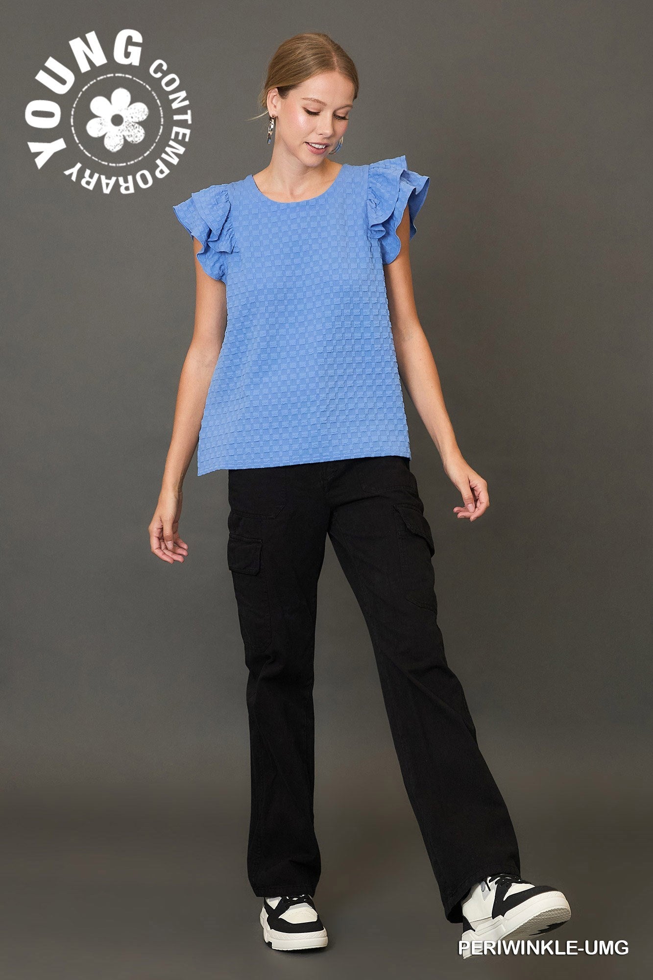 Textured Jacquard Top with Short Ruffled Sleeves