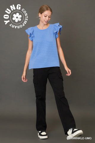 Textured Jacquard Top with Short Ruffled Sleeves