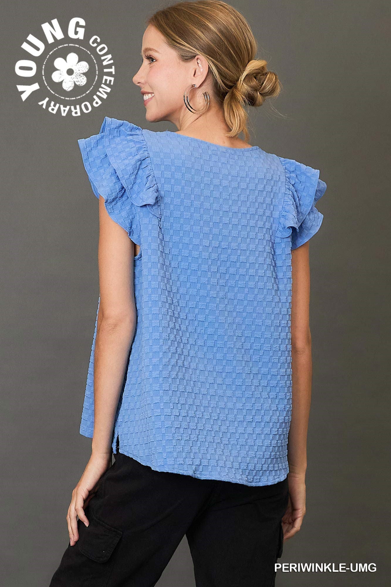 Textured Jacquard Top with Short Ruffled Sleeves