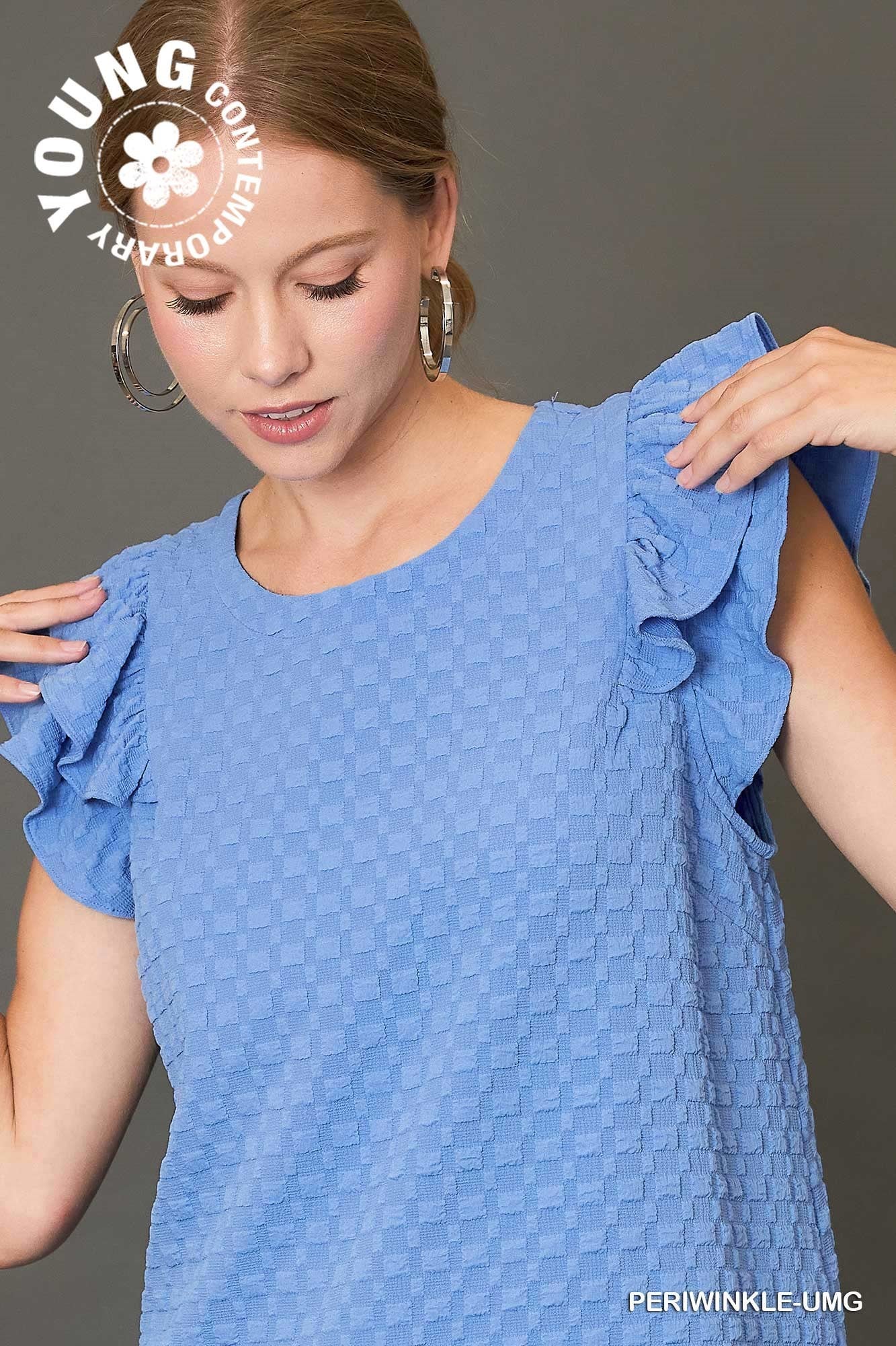 Textured Jacquard Top with Short Ruffled Sleeves