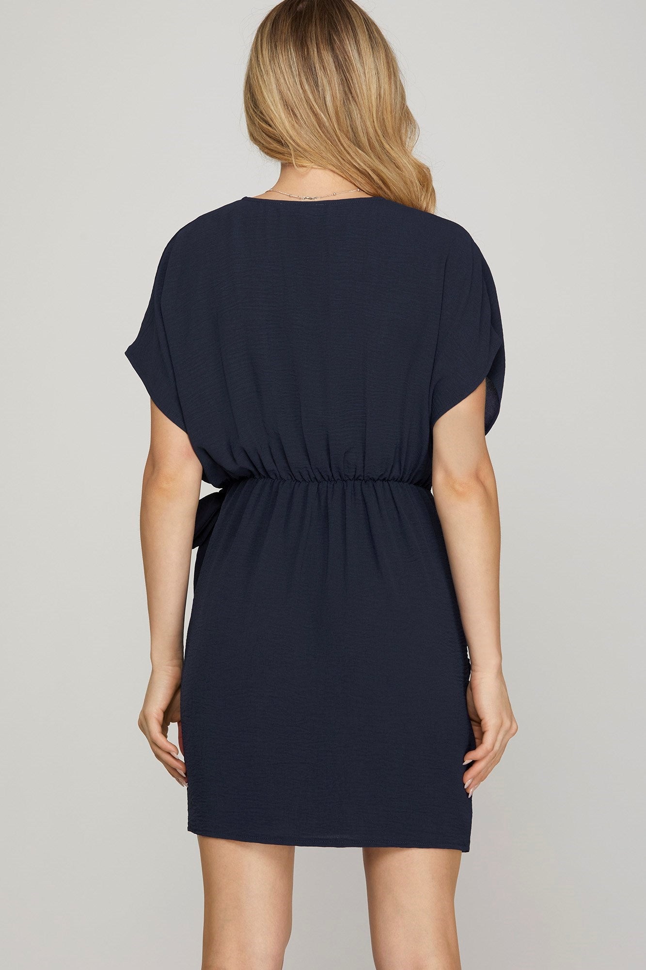 DOLMAN SLEEVE SURPLICE WOVEN V NECK DRESS WITH SIDE TIE