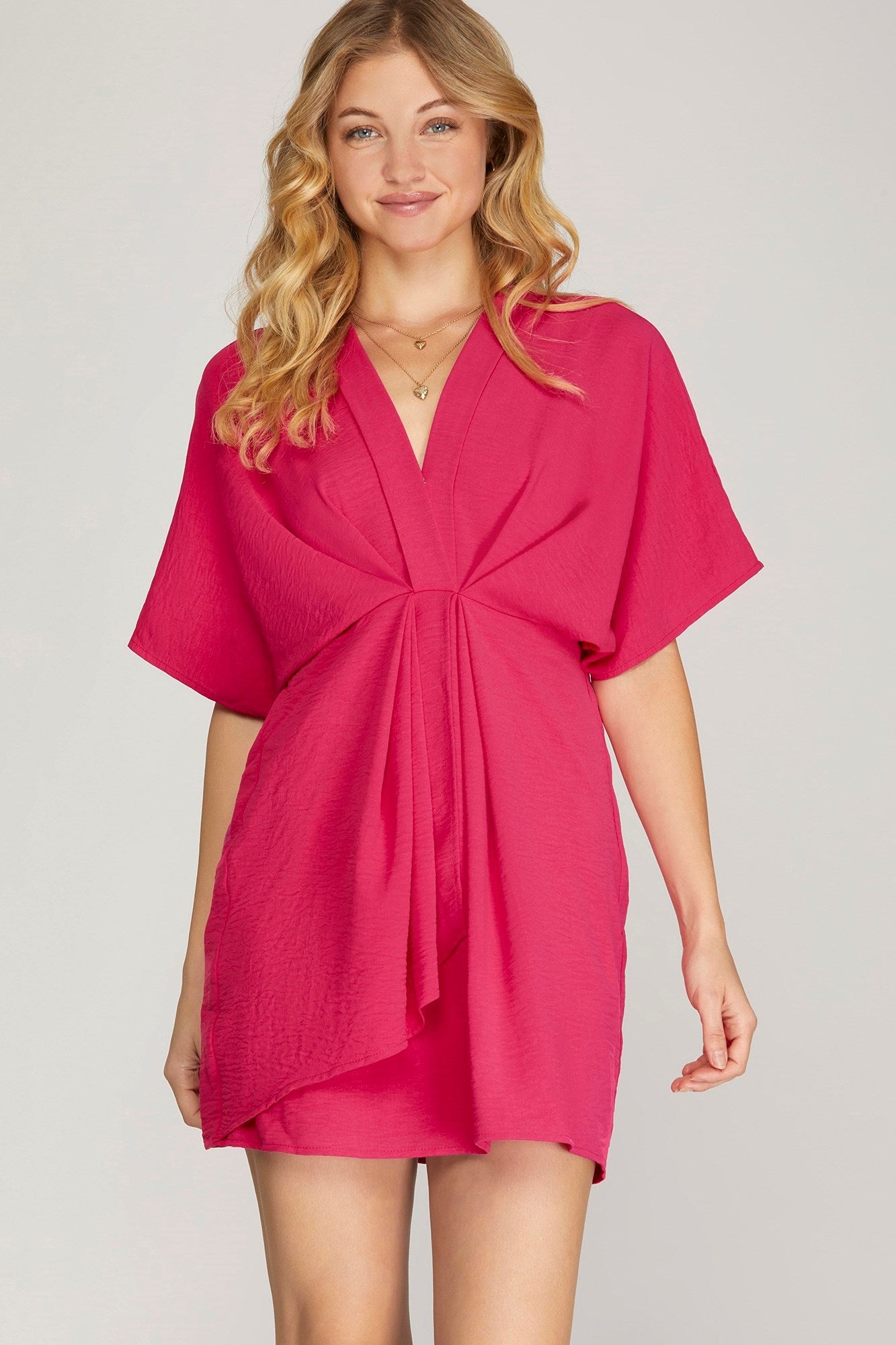 BATWING SLEEVE WOVEN RUCHED FRONT DRESS