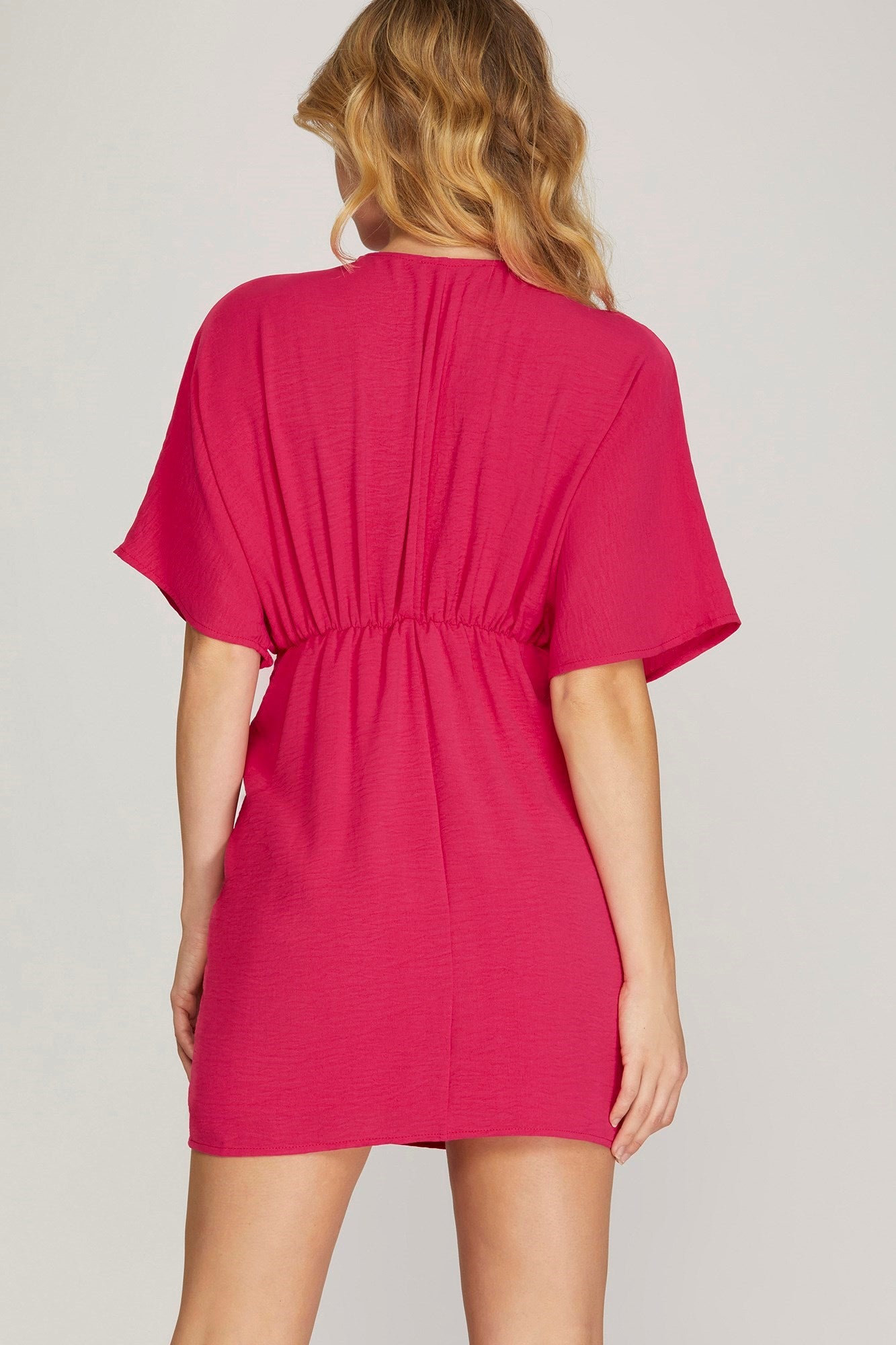 BATWING SLEEVE WOVEN RUCHED FRONT DRESS