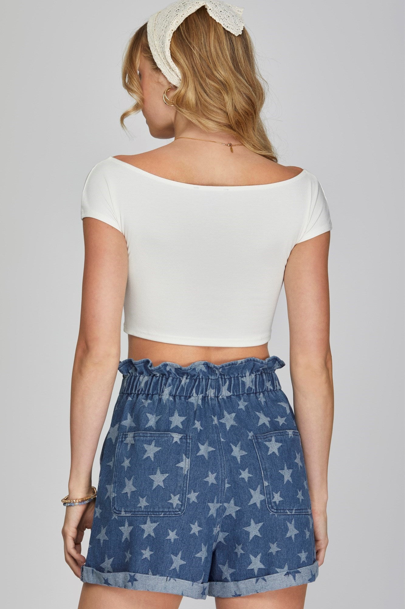STAR PRINT DENIM WASHED PAPER BAG SHORTS WITH ELASTIC WAISTBAND