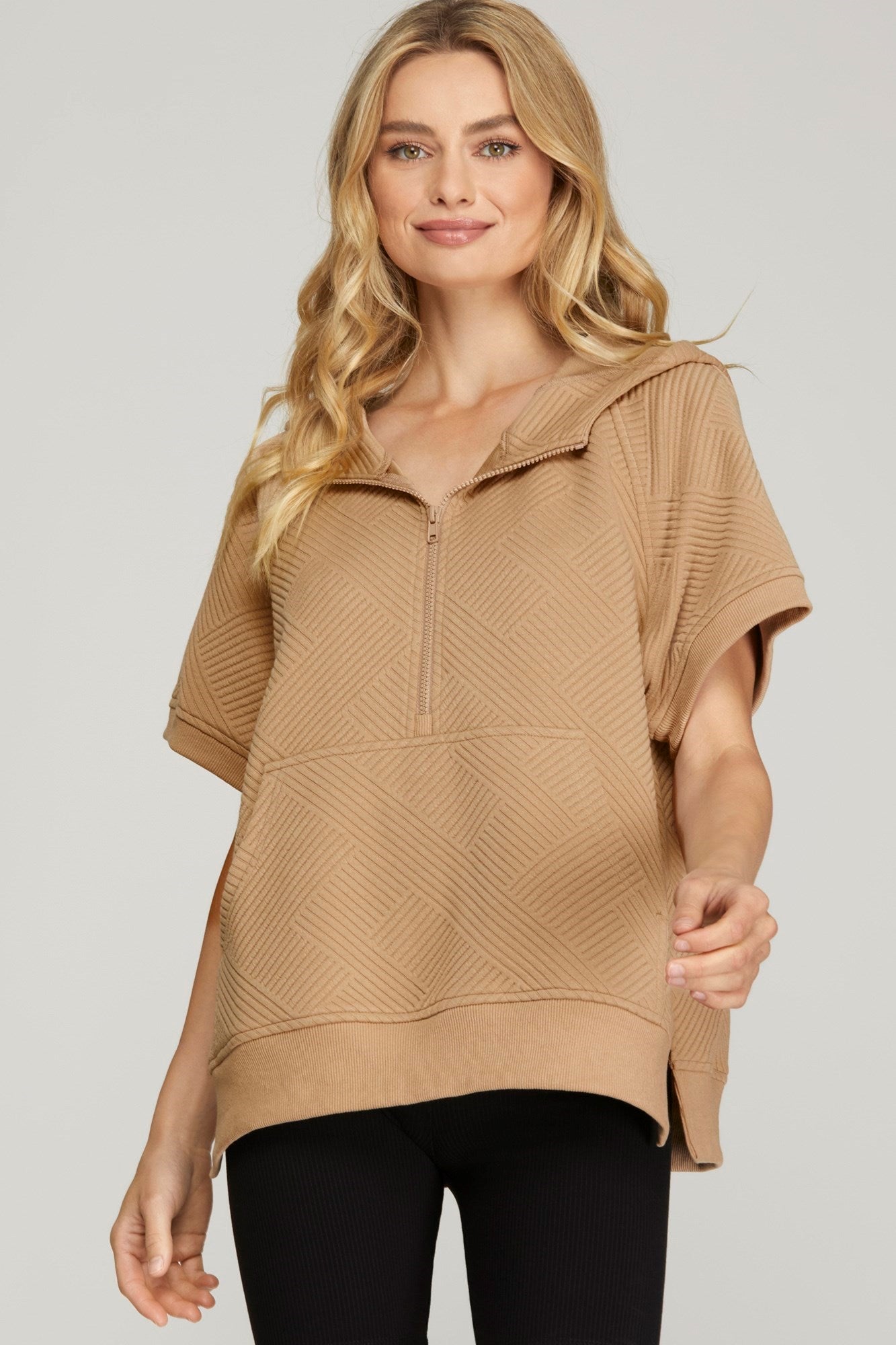 SHORT SLEEVE TEXTURED HALF ZIP HOODIE TOP