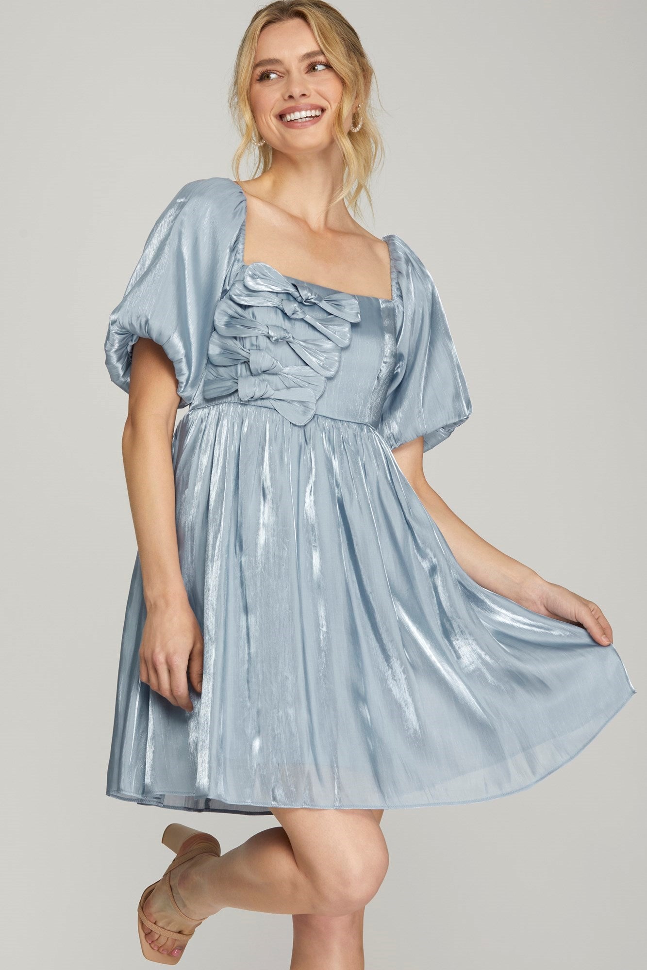 BUBBLE SLEEVE SHINY WOVEN DRESS WITH FRONT BOW TIE DETAIL