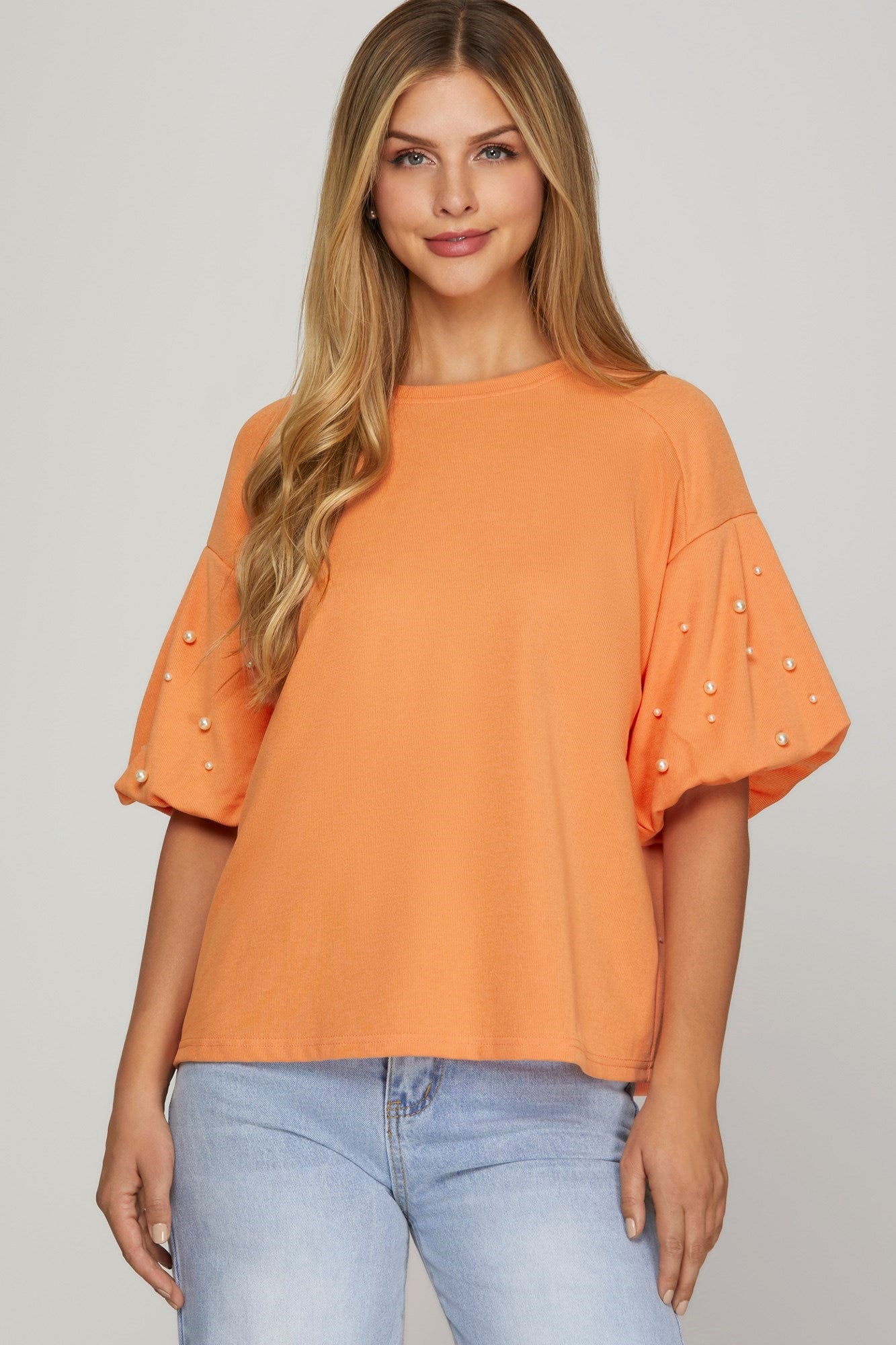 SHORT SLEEVE PEARL HEAVY KNIT TOP