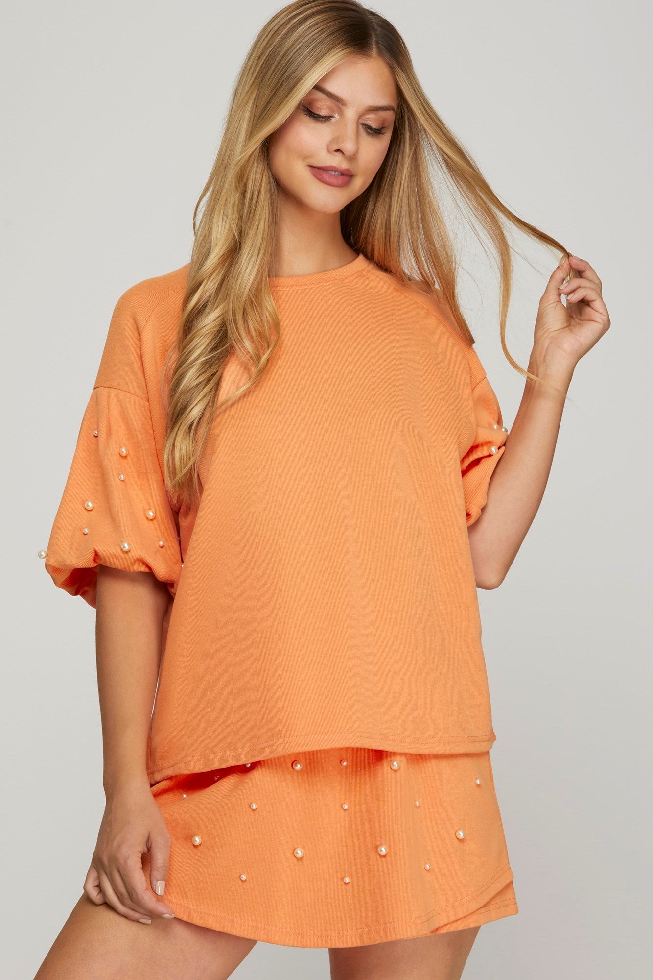 SHORT SLEEVE PEARL HEAVY KNIT TOP