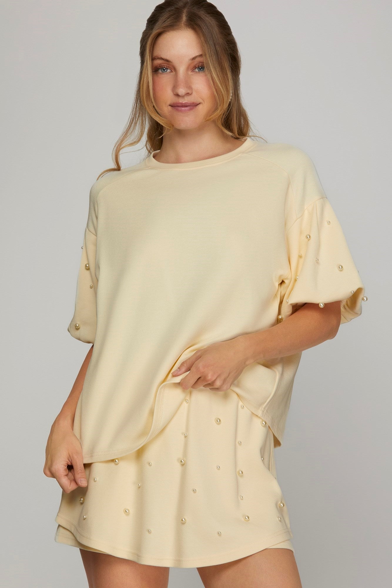 SHORT SLEEVE PEARL HEAVY KNIT TOP