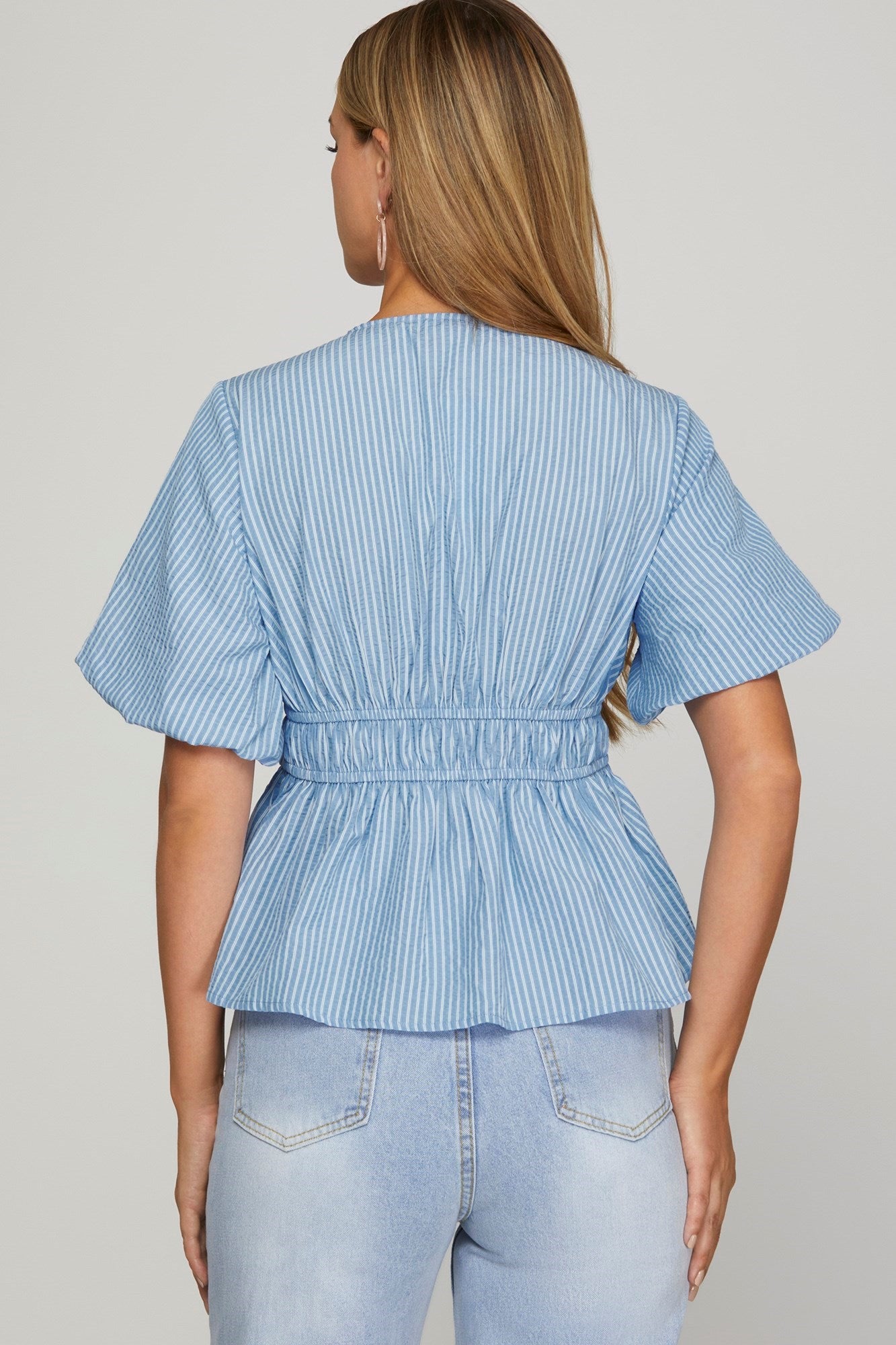 PUFF SHORT SLEEVE WOVEN STRIPED TOP WITH TIES