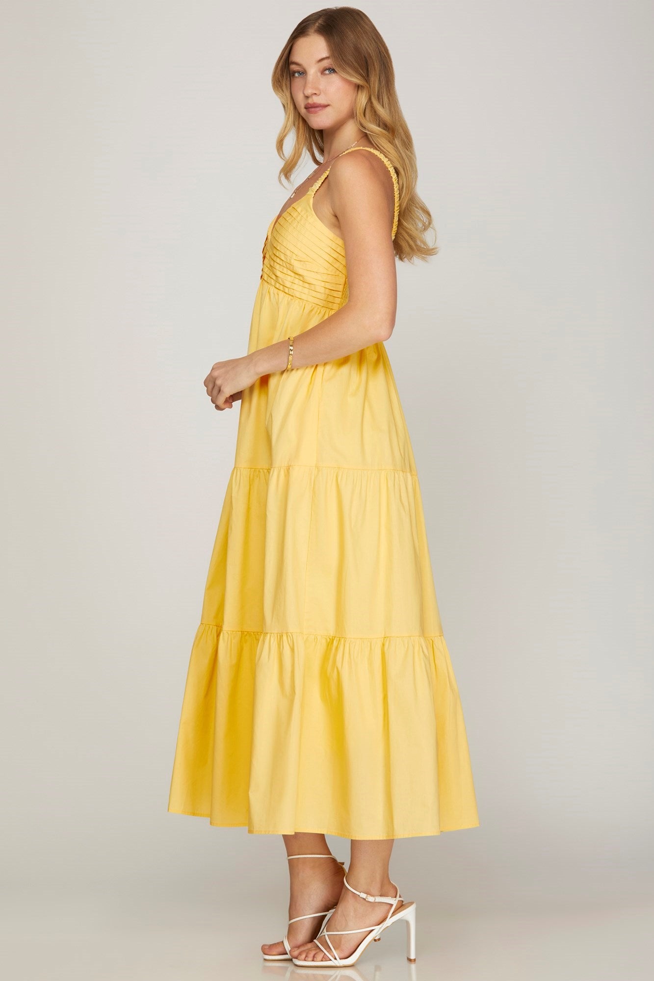 SLEEVELESS V NECK POPLIN WOVEN TIERED MAXI DRESS WITH PINTUCK DETAIL AND POCKETS