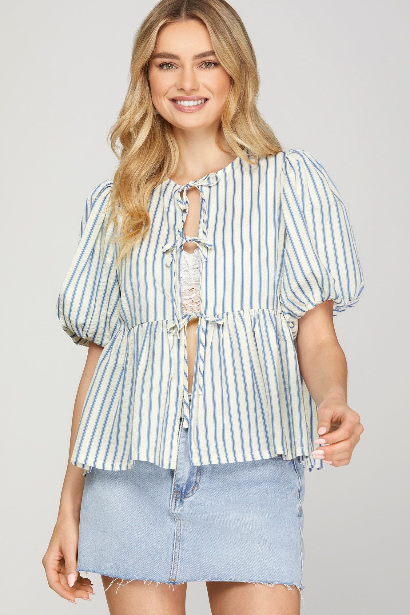 PUFF SLEEVE BOW FRONT TIE STRIPED WOVEN PEPLUM TOP