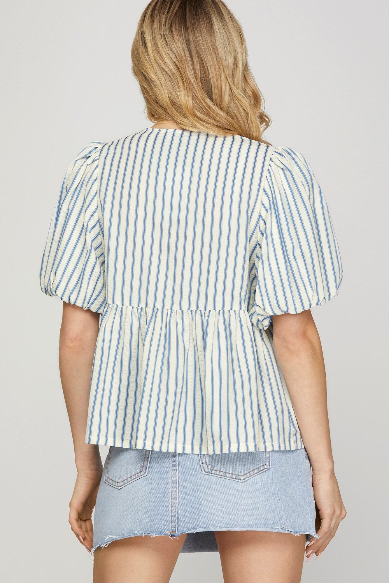 PUFF SLEEVE BOW FRONT TIE STRIPED WOVEN PEPLUM TOP