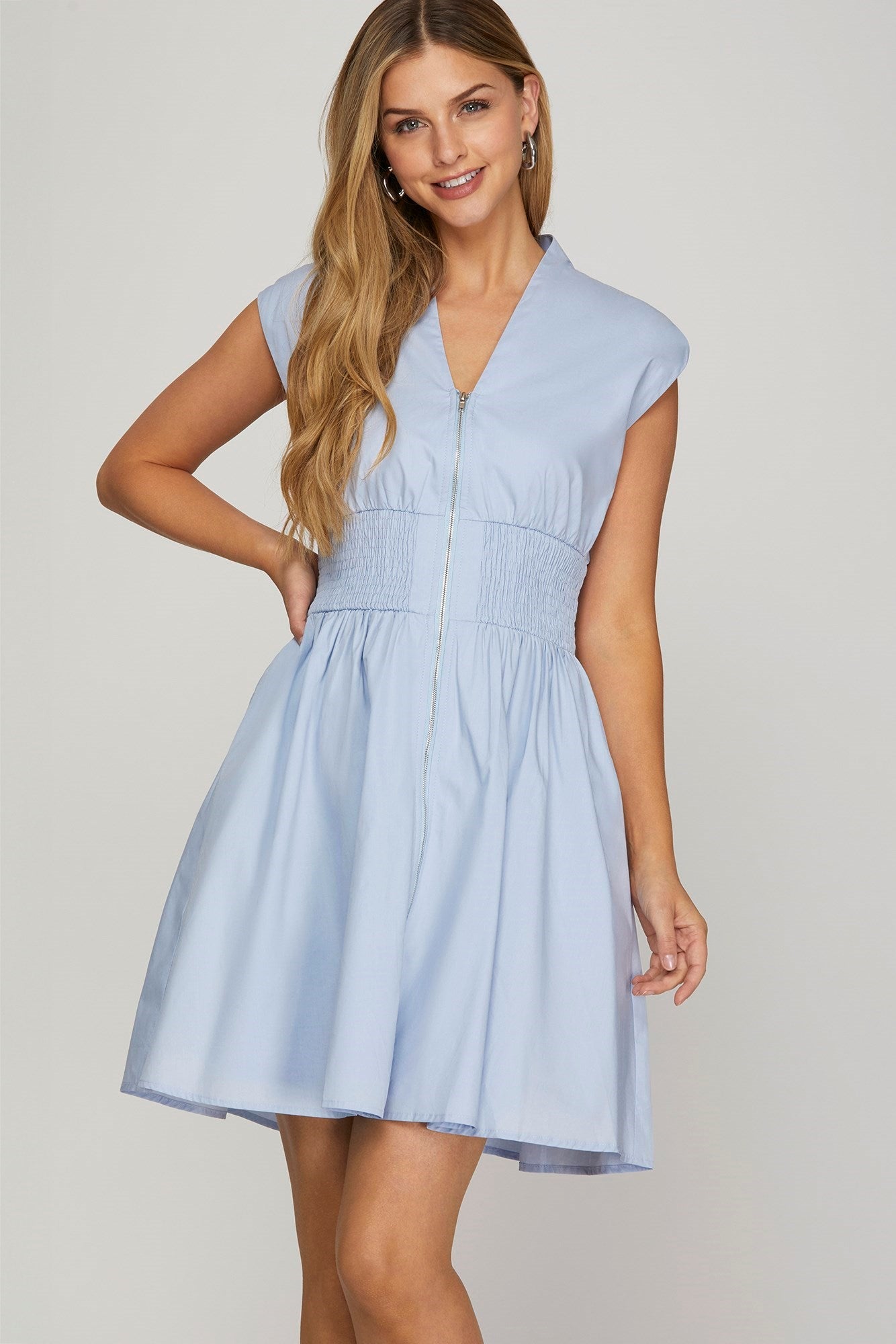 DROP SHOULDER SMOCKED WAIST FRONT ZIP MINI DRESS WITH POCKETS