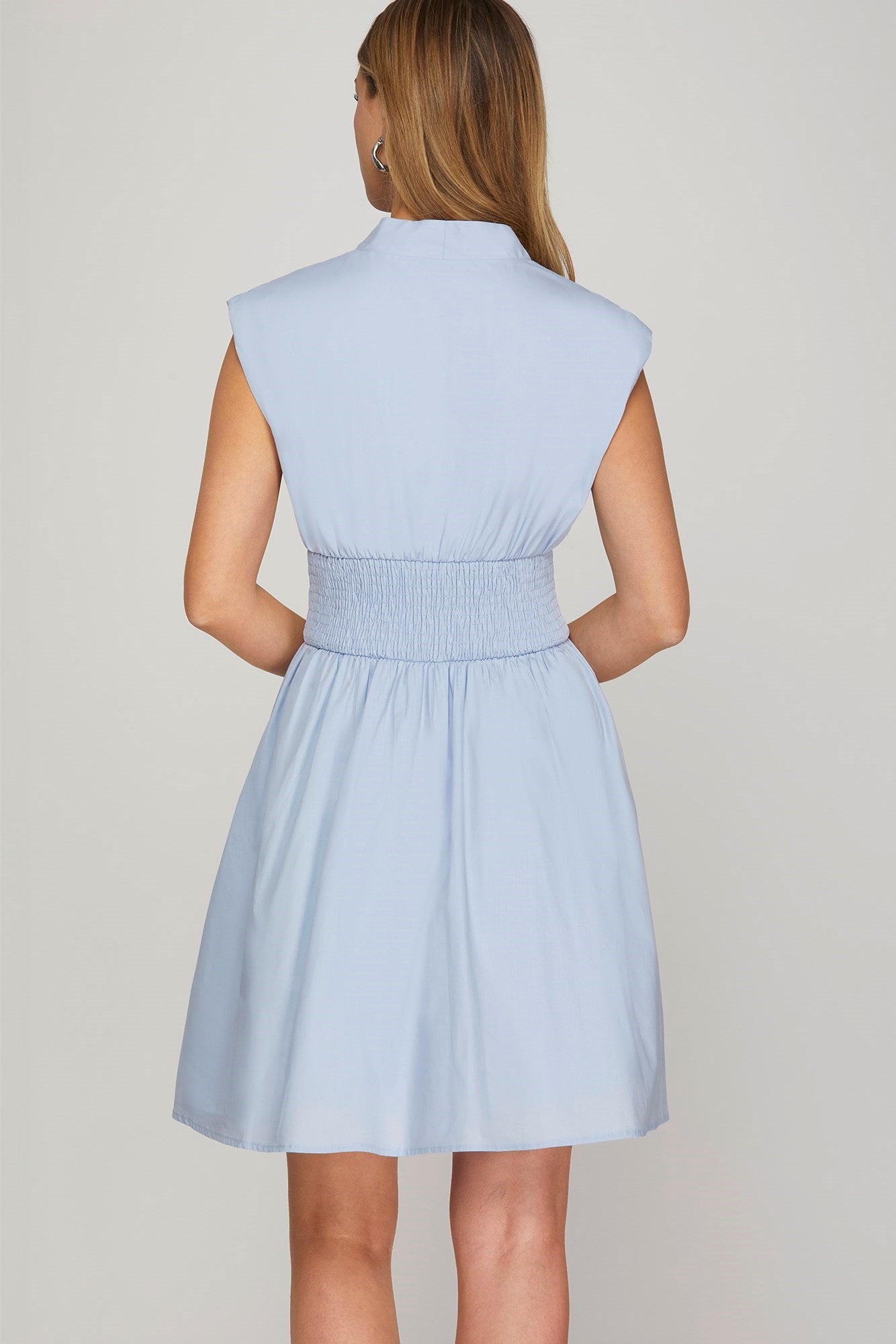 DROP SHOULDER SMOCKED WAIST FRONT ZIP MINI DRESS WITH POCKETS