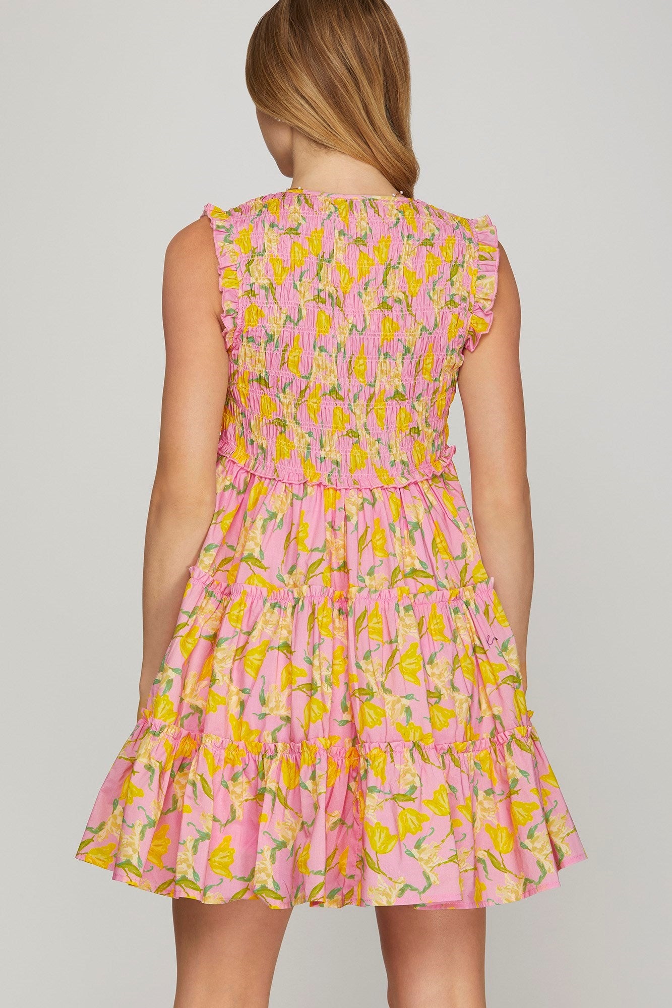 RUFFLED SLEEVE FLORAL SMOCKED TIERED DRESS