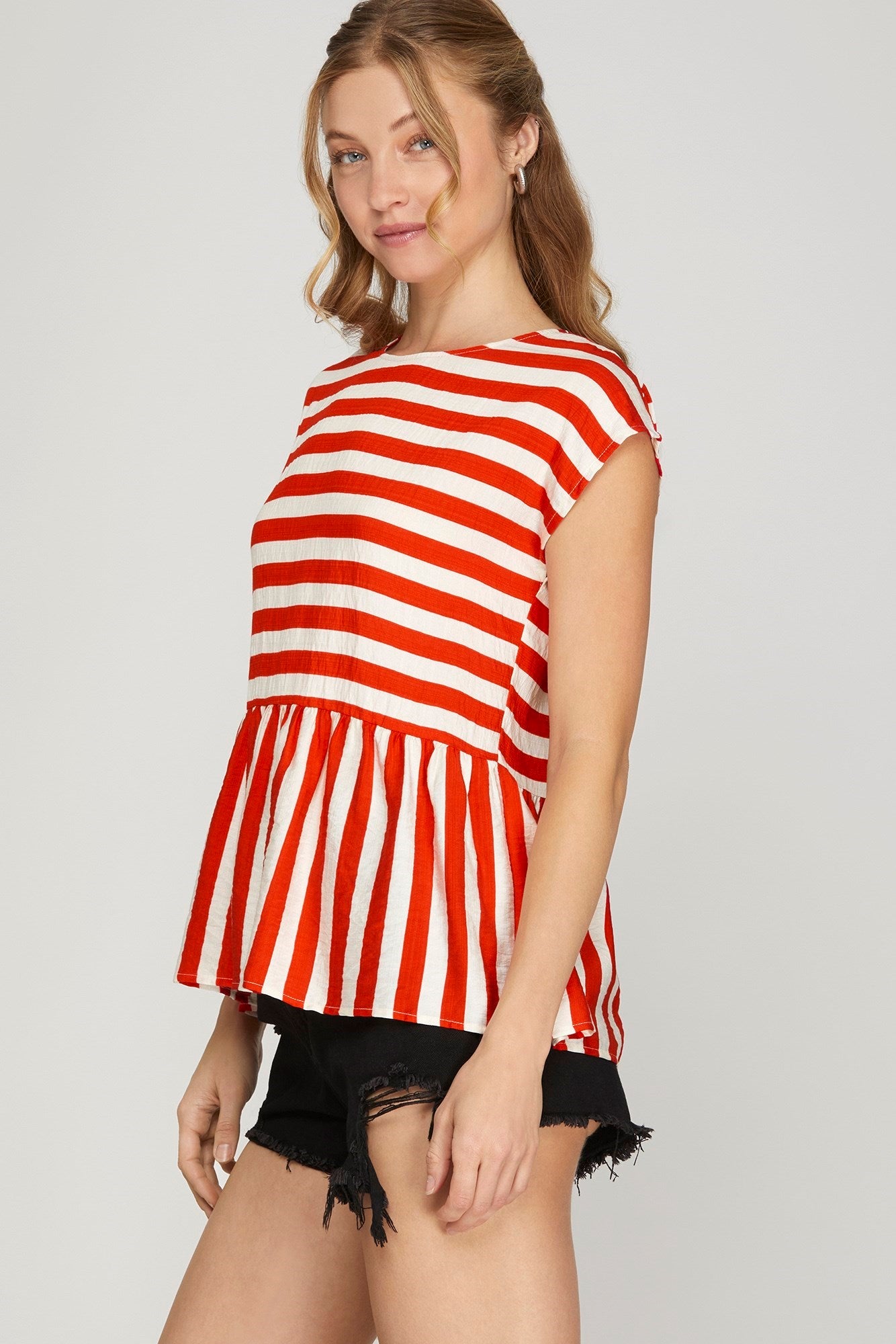 DROP SHOULDER WOVEN STRIPED TOP