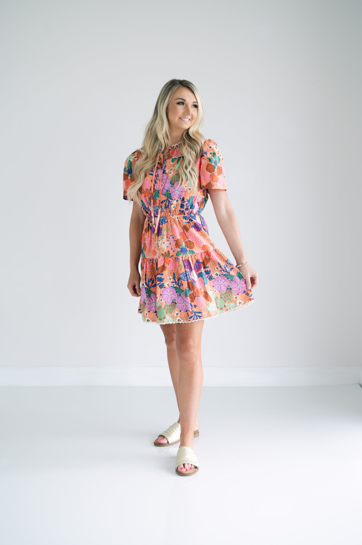 Lace trim tiered mini dress