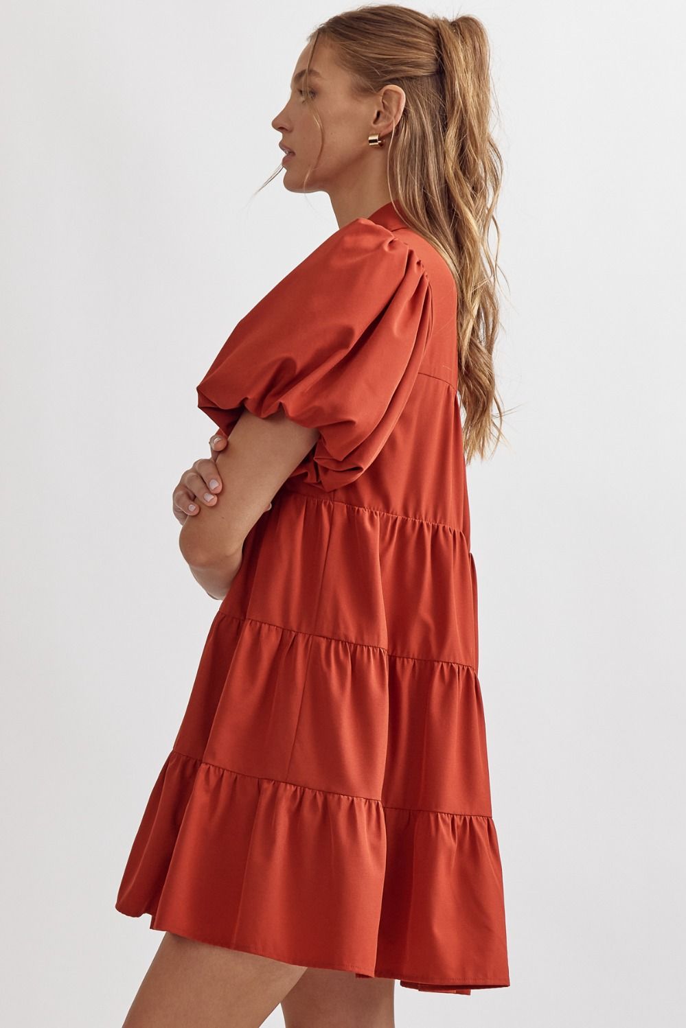 Solid button up tiered mini dress