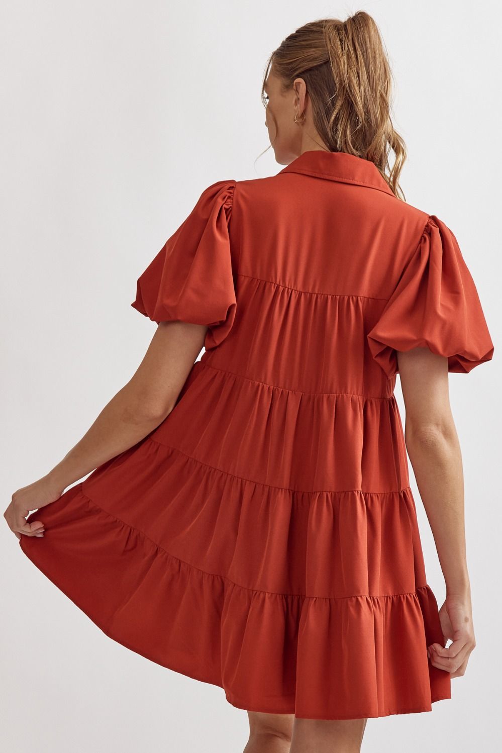 Solid button up tiered mini dress