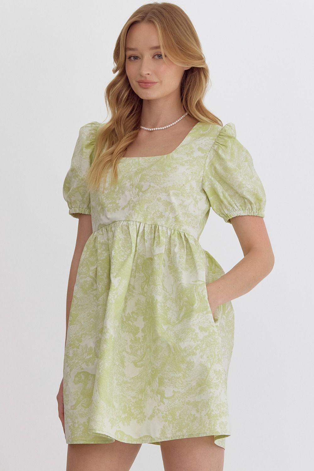 Printed short puff sleeve square neck mini dress