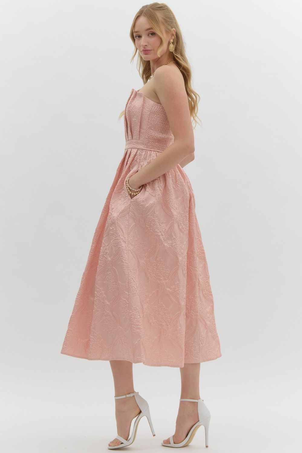 Strapless embossed midi dress