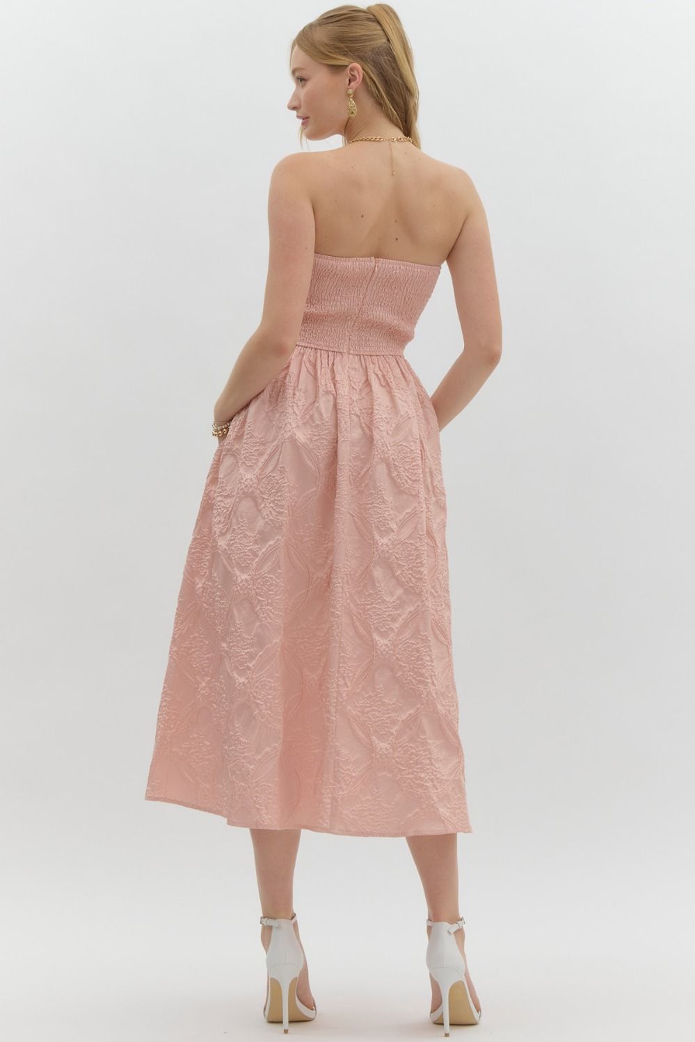Strapless embossed midi dress
