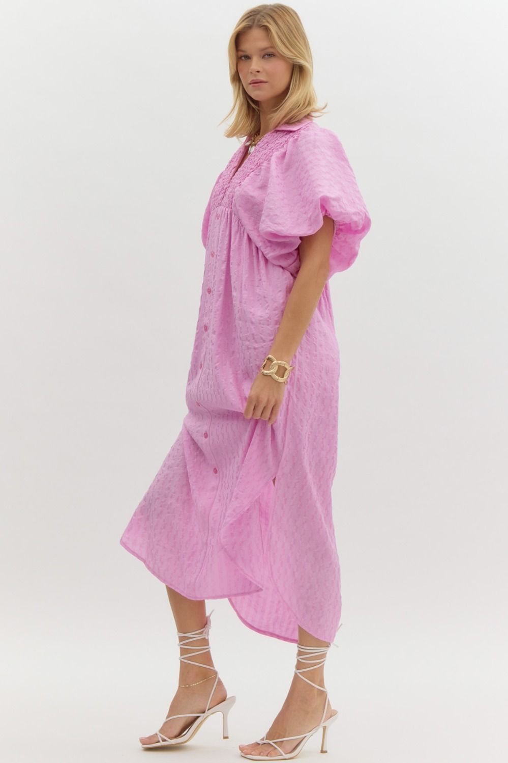 Textured short puff sleeve faux button up v-neck collared midi dress