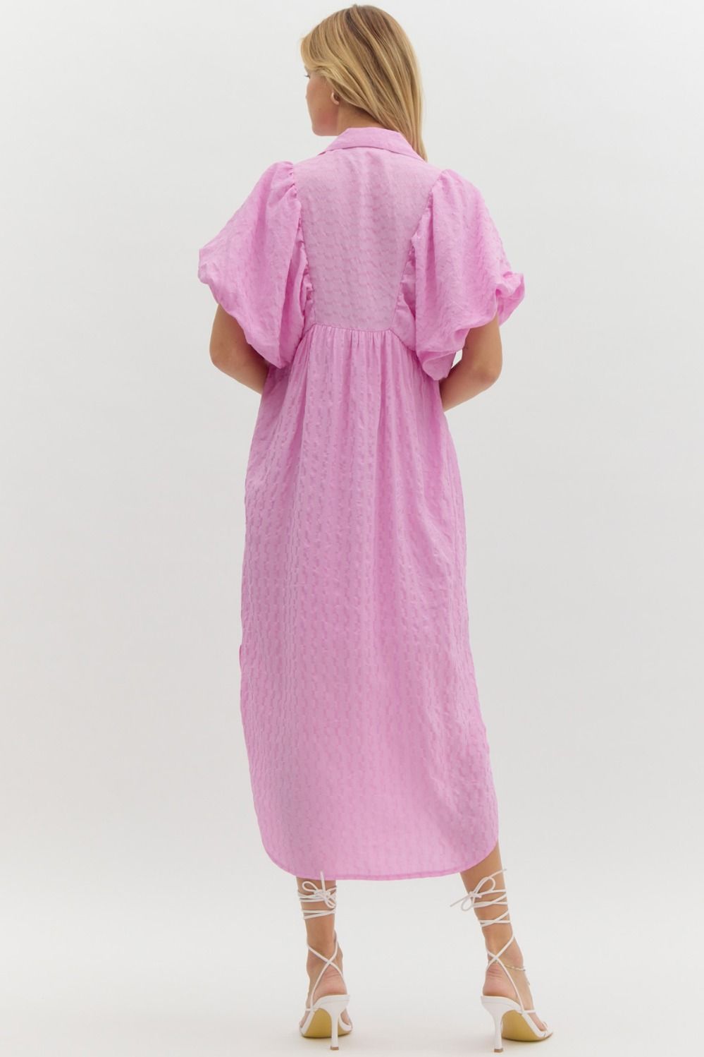 Textured short puff sleeve faux button up v-neck collared midi dress