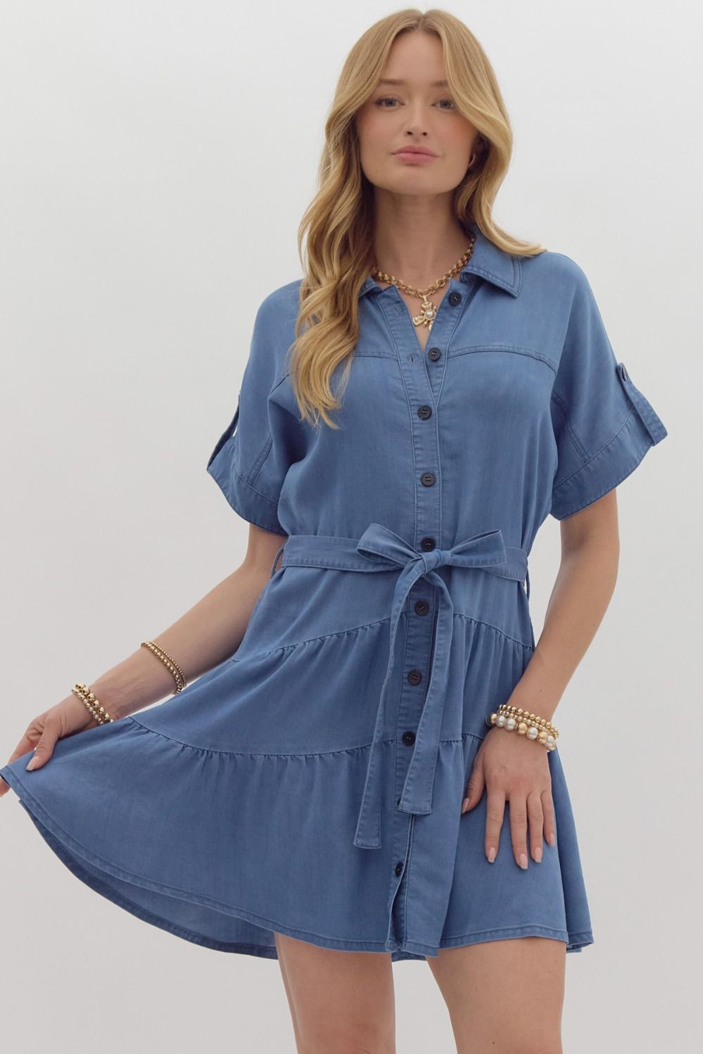 Chambray button down short sleeve mini dress