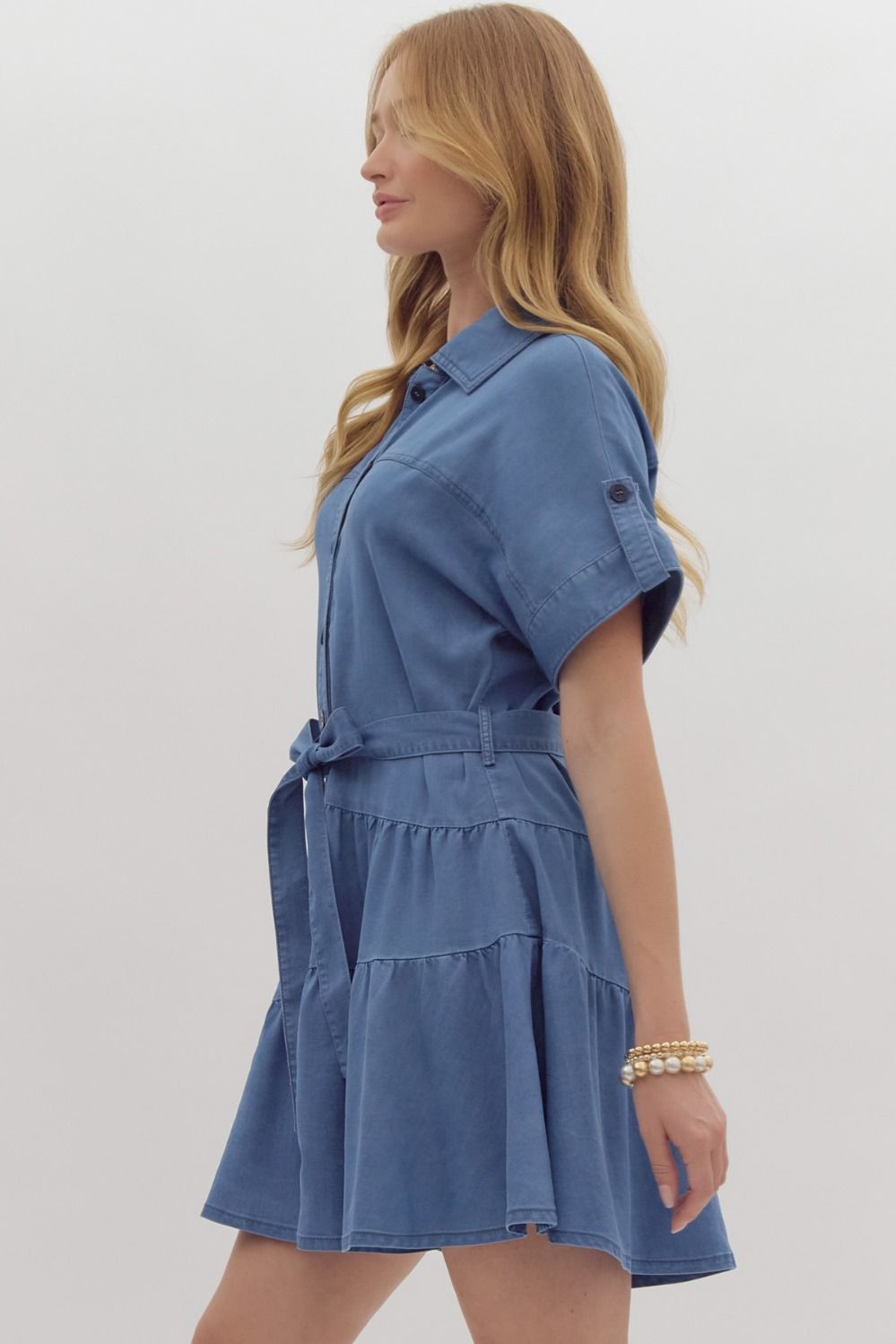 Chambray button down short sleeve mini dress