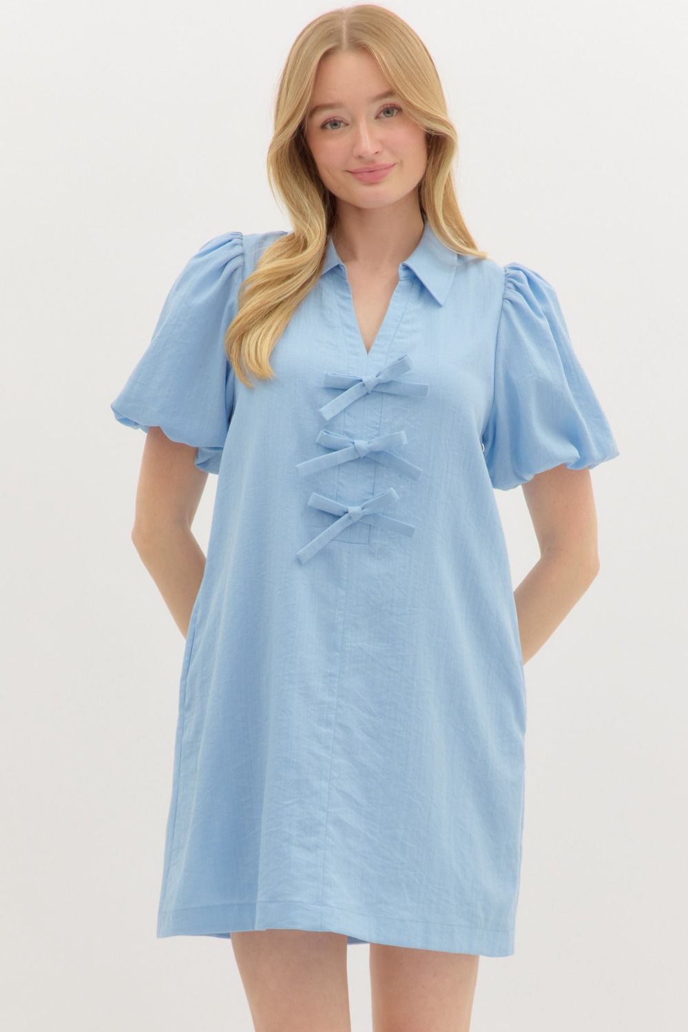 Solid short bubble sleeve pullover mini dress