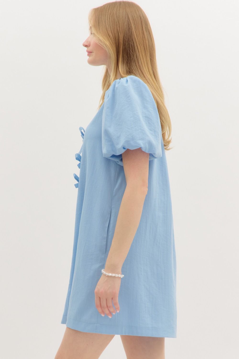Solid short bubble sleeve pullover mini dress