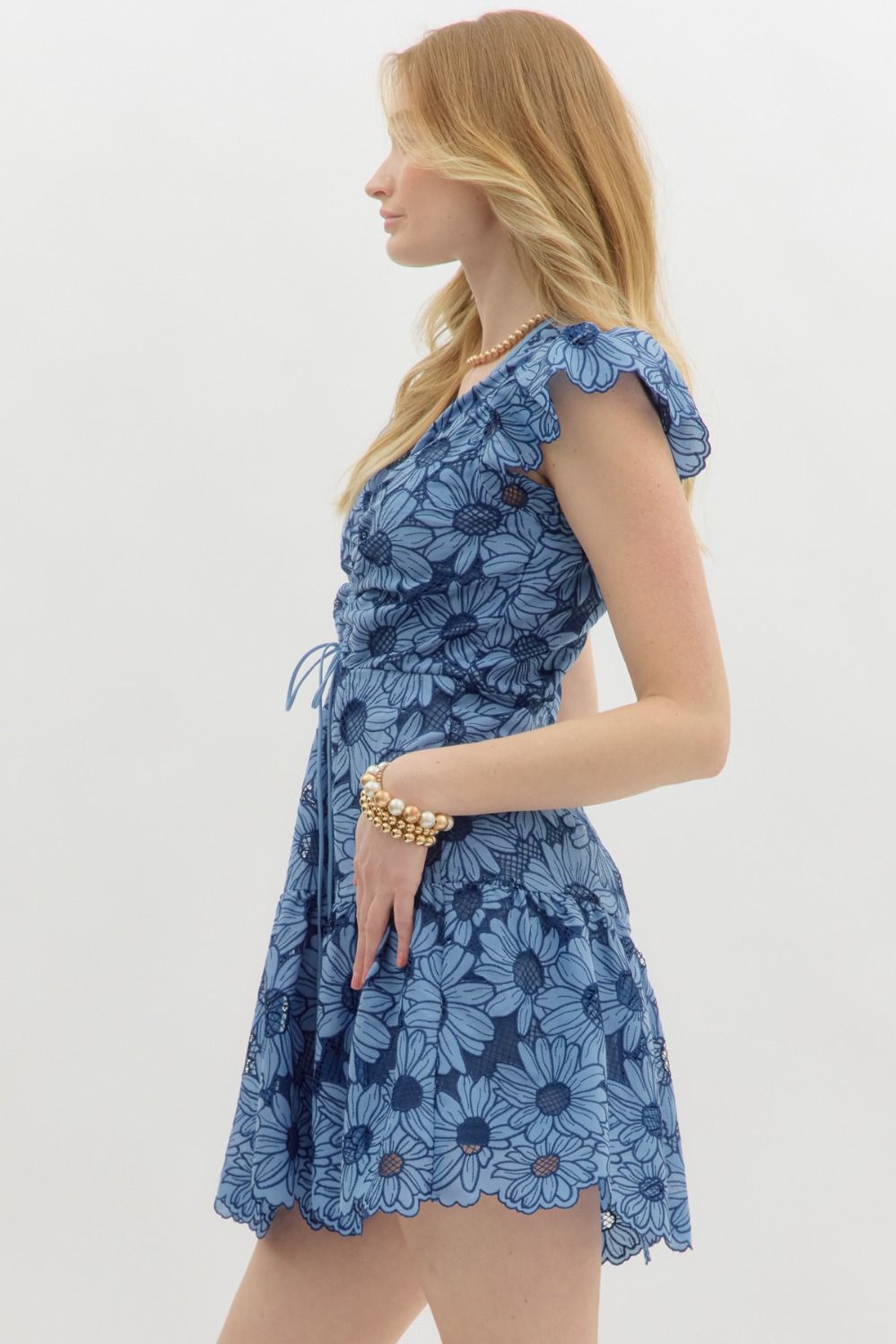 Eyelet floral flutter sleeve mini dress