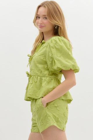 Solid embroidered floral applique short bubble sleeve babydoll top