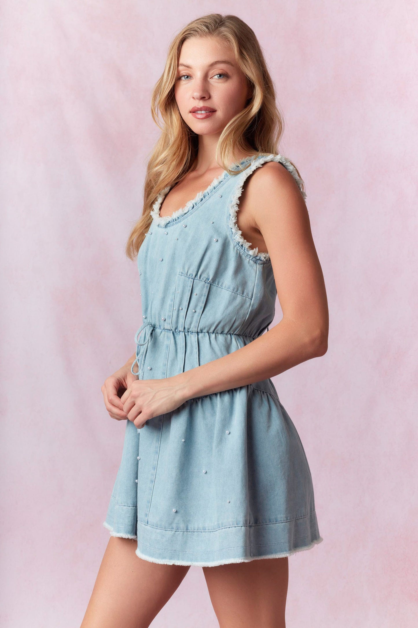 Light Denim Frayed Neckline Dress with Pearl Embroidery