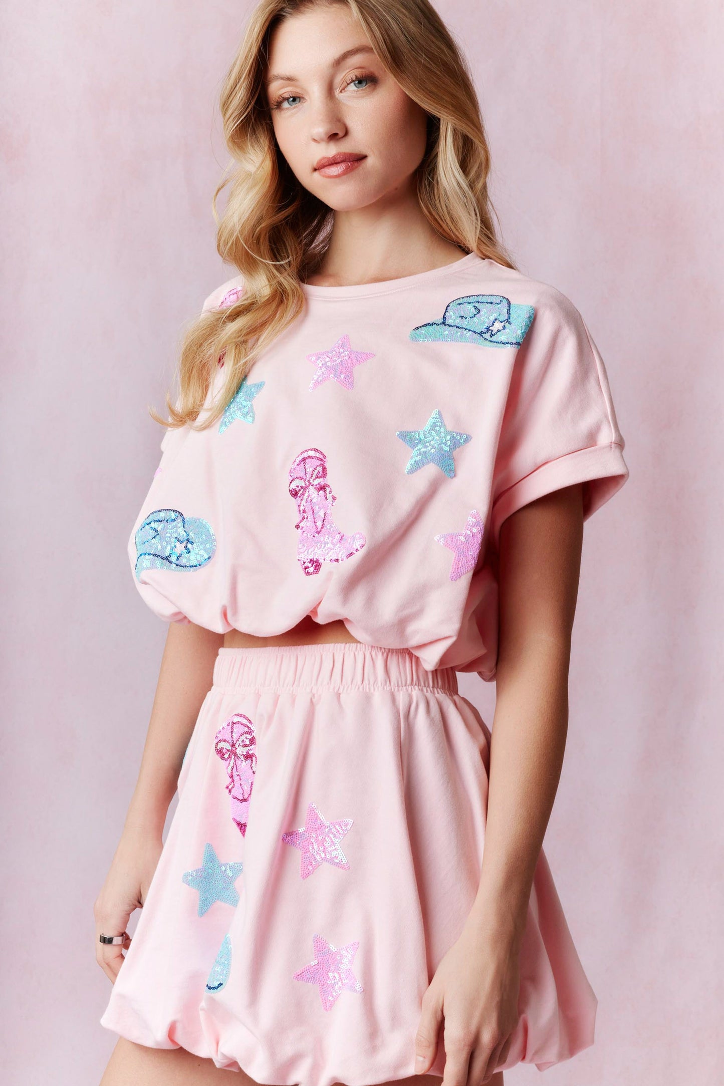 Cowgirl Sequin Bubble Hem Terry Top