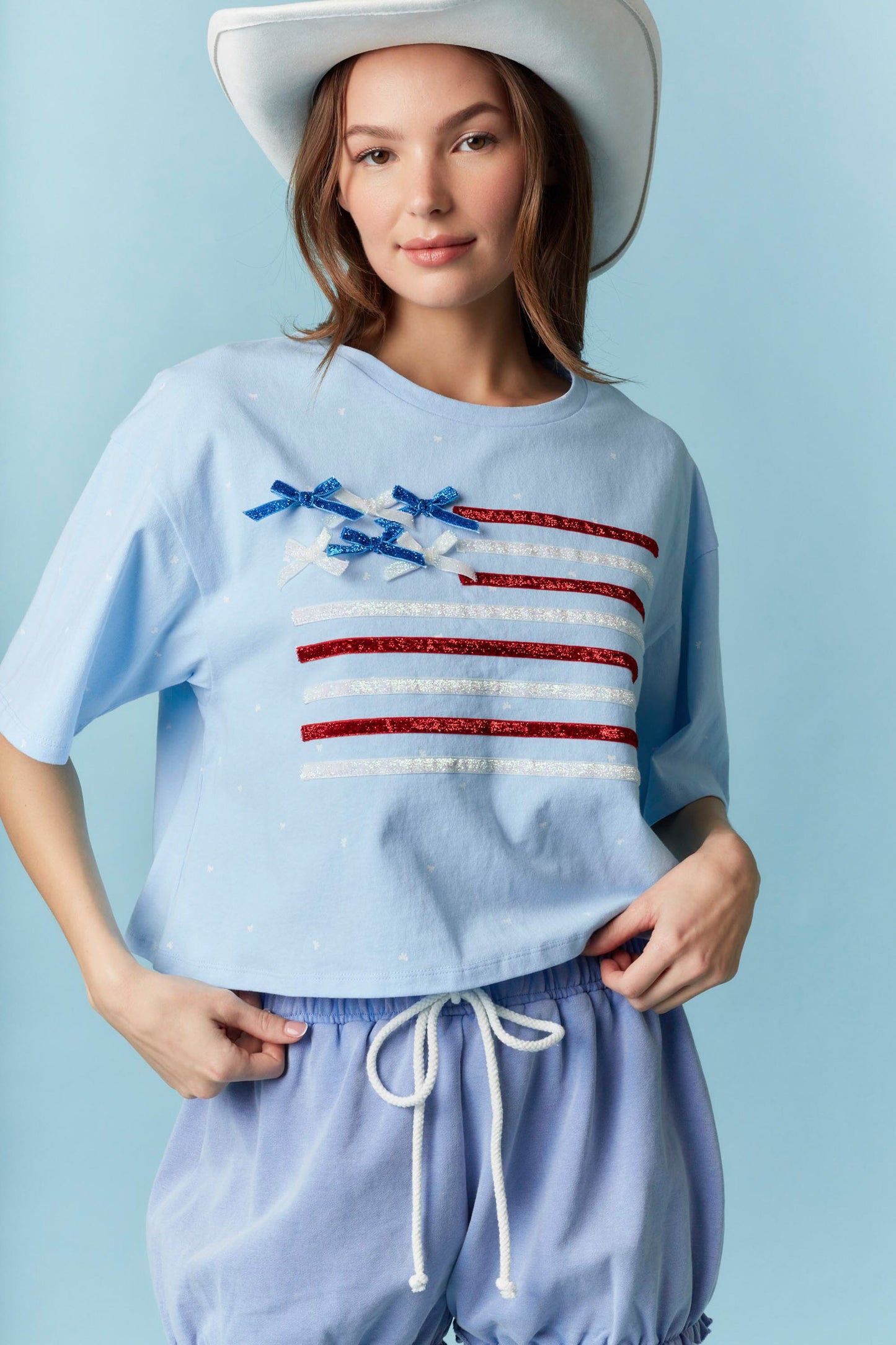 American Flag with Bow Detail Ditsy Printed Crop Top