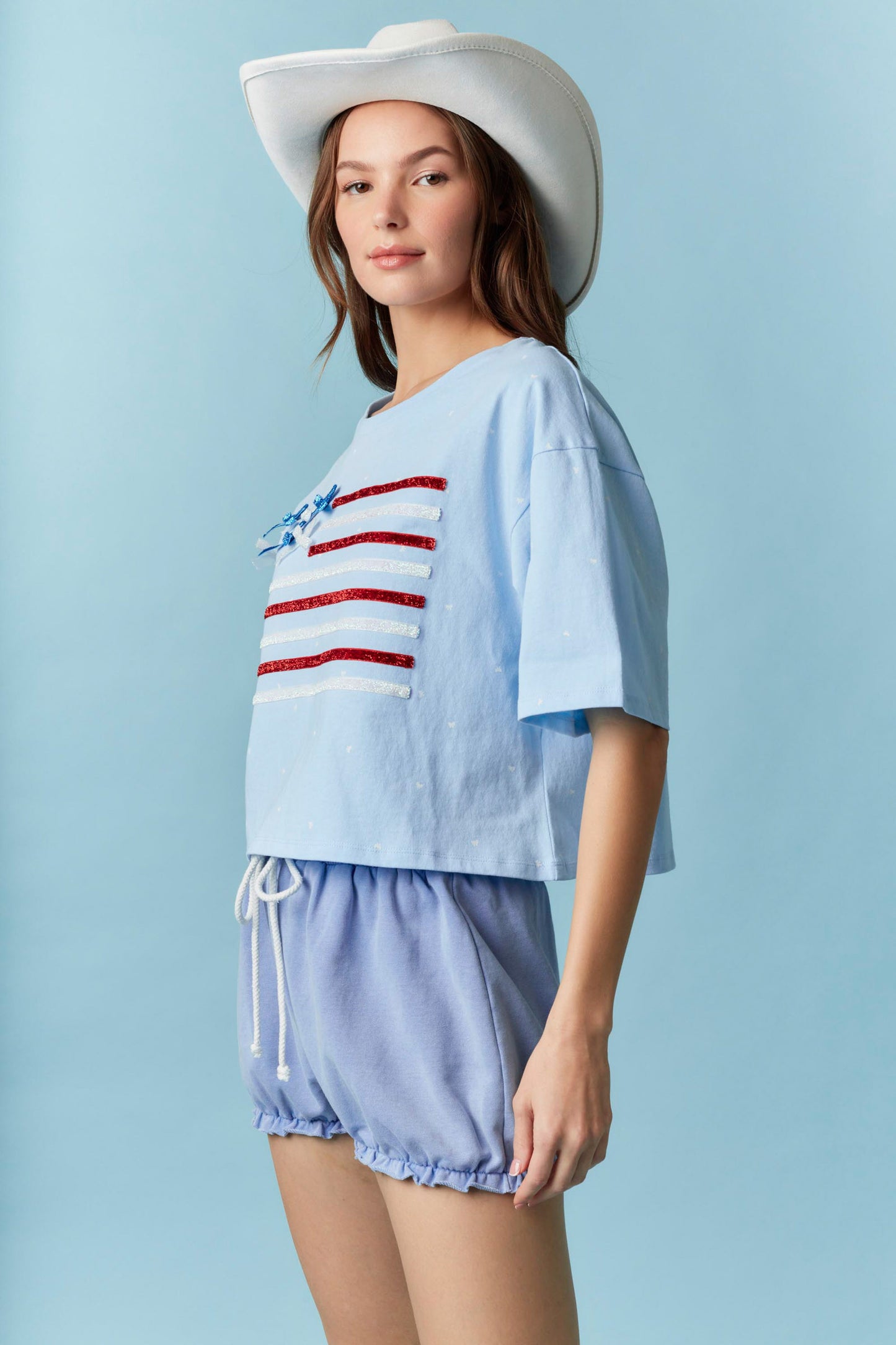 American Flag with Bow Detail Ditsy Printed Crop Top