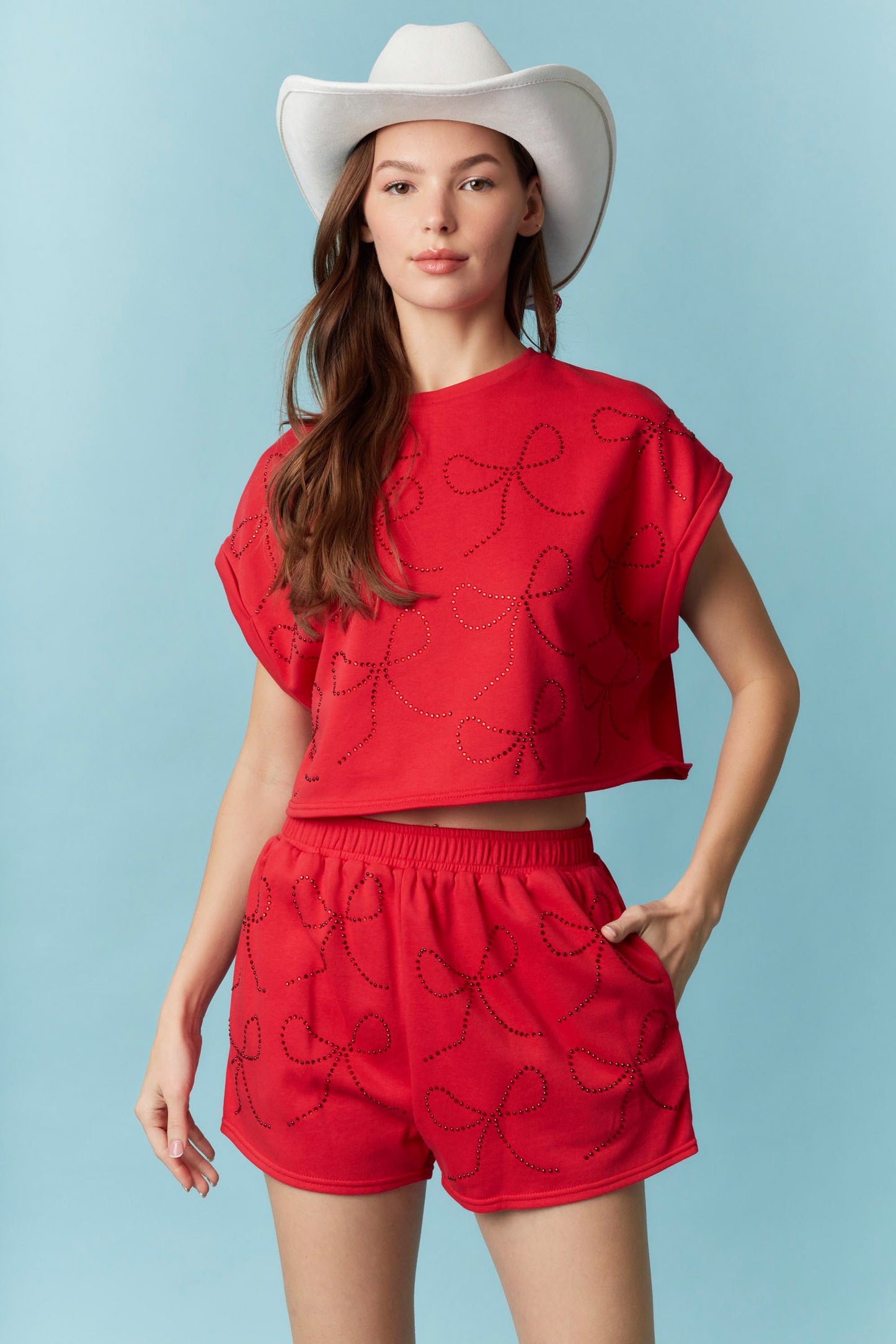 Rhinestone Hot Fix Detail Short Sleeve Cropped Top