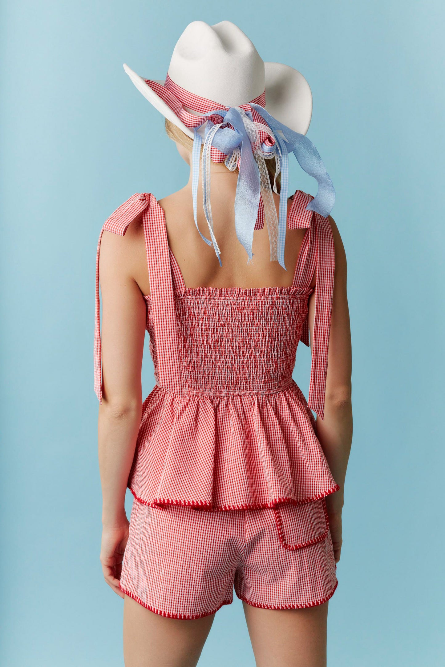 Heavy Crochet Crawfish Embroidery with Shoulder Tie Detail Gingham Top