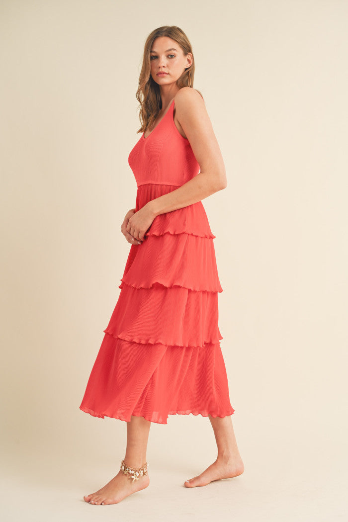 Pleated tiered layer midi dress