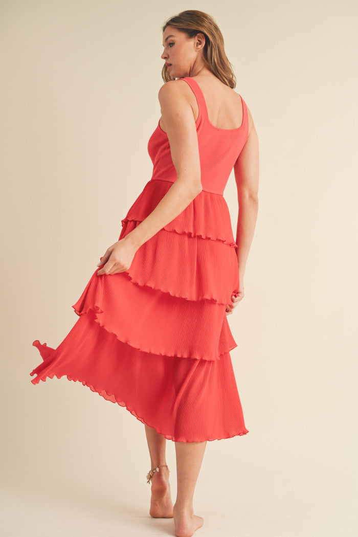 Pleated tiered layer midi dress