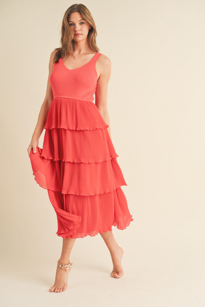 Pleated tiered layer midi dress