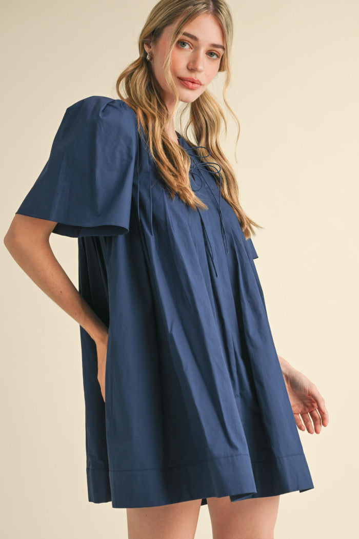 Pleated short sleeve mini dress