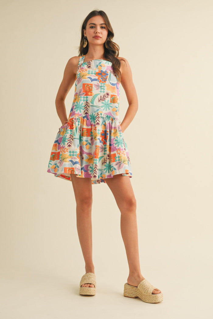 Tropical print drop waist mini dress