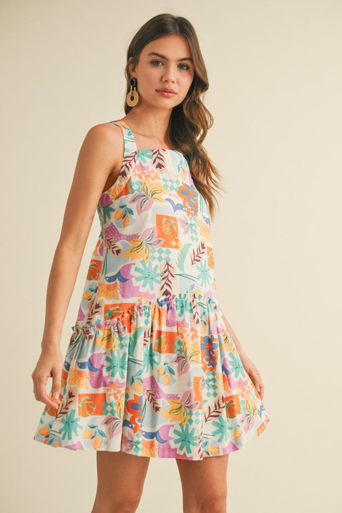 Tropical print drop waist mini dress