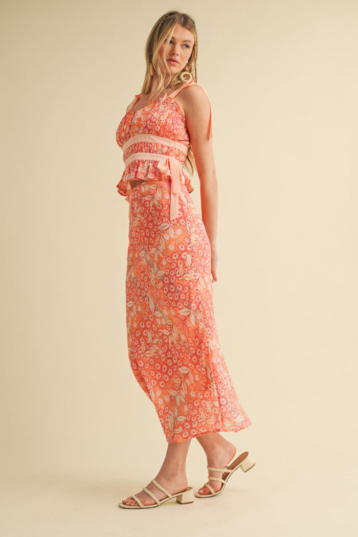 Floral tie top and midi skirt set