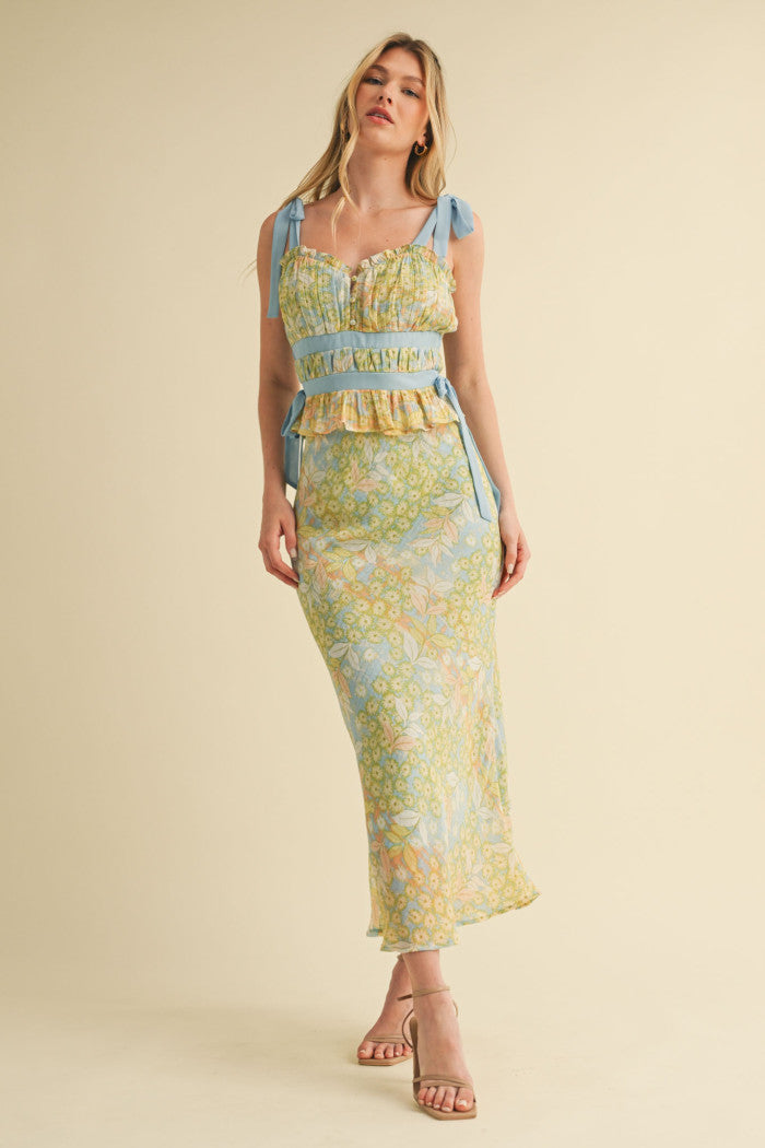 Floral tie top and midi skirt set