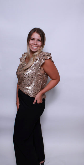 SEQUIN LEOPARD PATTERN RUFFLED ARMHOLE TOP